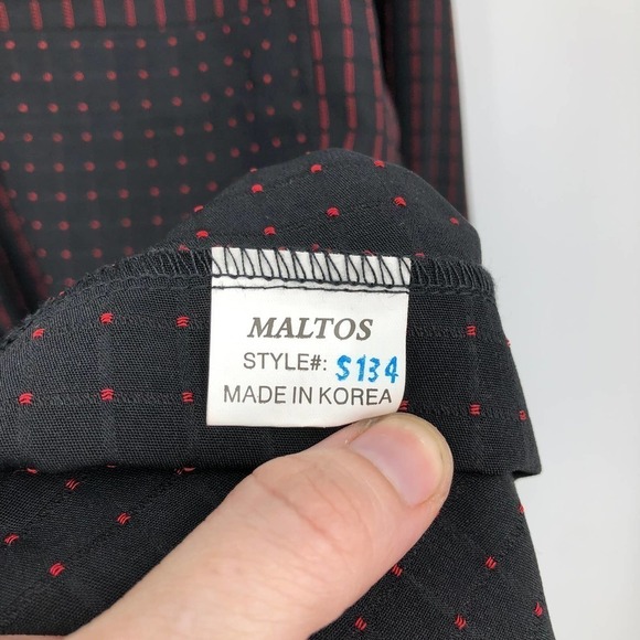 Maltos Men's Button Front Shirt Size L Swiss Dot Jacquard Check Black & Red S134 - Picture 11 of 11